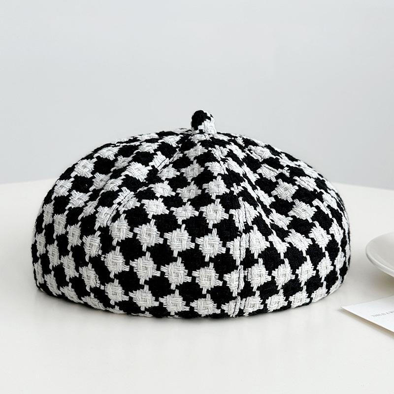 Hat Women's Fashionable and Versatile Houndstooth Beret Women's Early Autumn Face Showing Little Painter's Hat Simple Temperament Pumpkin Hat