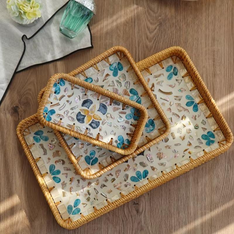Asian Handmade Rattan Shell Tray Decorative Dining Accessory Fruit Serving Plate Home Snack Storage Tray for Living Room