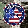 2D Flat Welcome 4th of July Dog Cat Paw Prints Aluminum Sign, Patriotic America Aluminum Sign Door Hanger Outdoor/Indoor Decor, for Home, Office