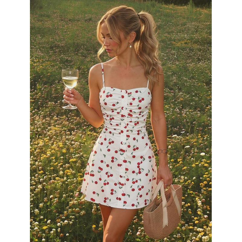 Europe, America 2026 summer new temperament vacation flower print pleated design suspender dress