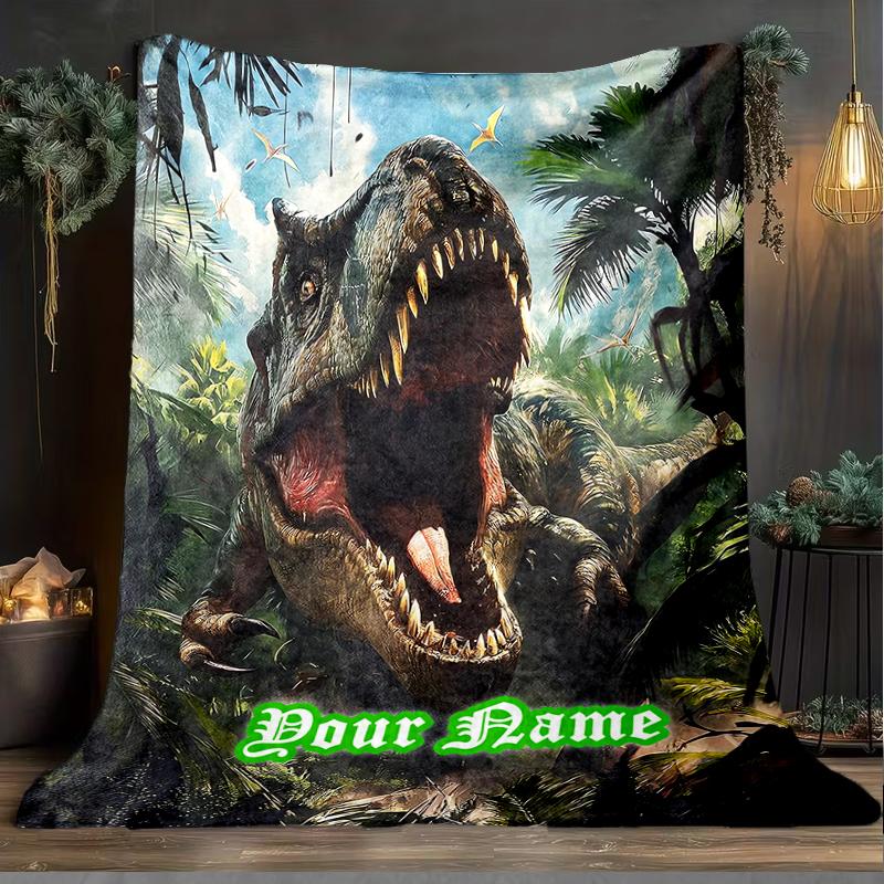 1PC Custom Name Dinosaur Adventure Wild outdooor Flannel blankets Patterns Throw Blanket All-Season Soft Gift for Couch, Bed, Camping gifts