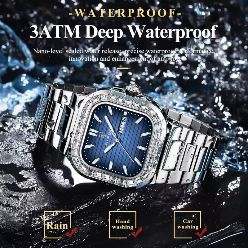 POEDAGAR Top Brand Luxury Watch for Men Waterproof Luminous Date Week Wristwatch Stainless Steel Square Quartz Watches