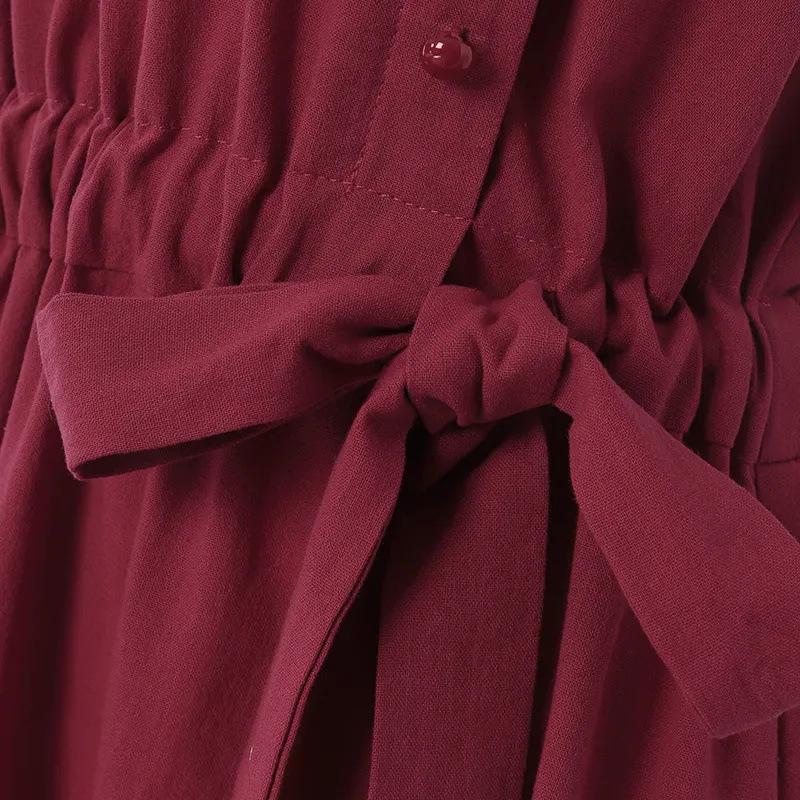 Einfarbiges Baumwoll-Leinen-Kleid, Mittellang, Schnürung, Taillenbetonend, Schlankmachend und Modischer Weiter Rock