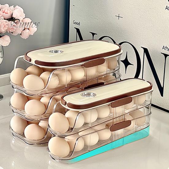 Automatisk rullende eggbeholder Kjøleskapsoppbevaringsboks BPA-fri, gjennomsiktig stablebar kjøleskapsoppbevaringsboks med lokk