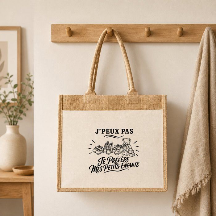 Sac Cabas Jute avec Poche J’peux pas je préfère mes Petits-enfants J'peux pas minimaliste | Toile de Jute et Coton 21 L Fond Plat