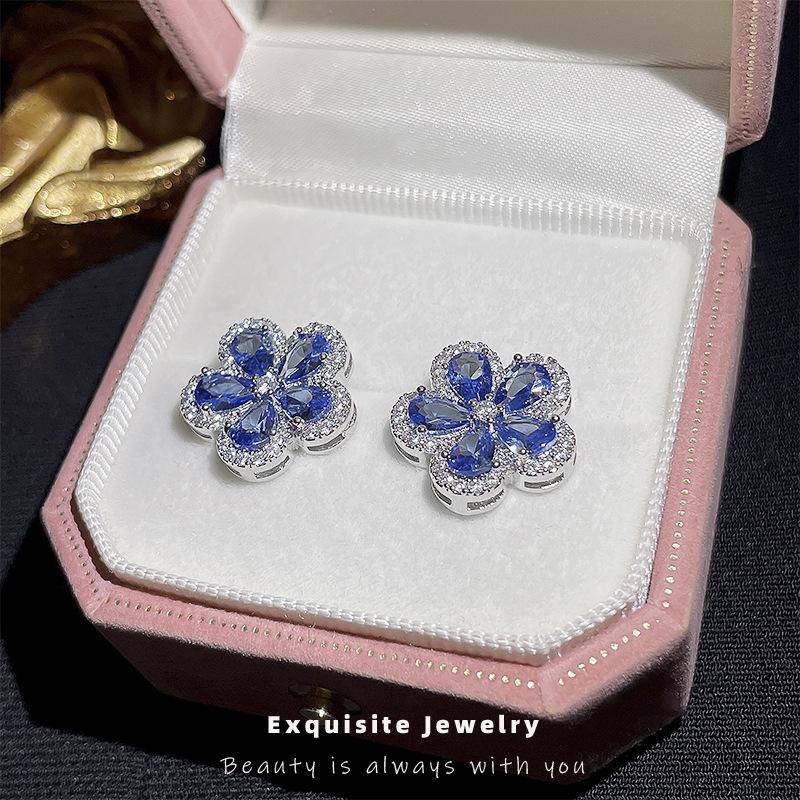 Retro niebieskie cyrkoniowe kwiatowe kolczyki sztyfty ze srebra spersonalizowane wykwintne kolczyki