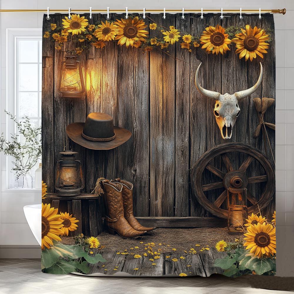 Rustic Farmhouse Garden Cowboy Theme Shower Curtain, Bathroom Decor Shower Curtain, Plants And Flowers Shower Curtain With Hooks