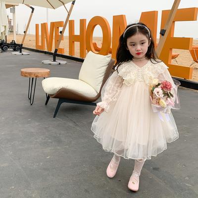 Girls Lace Gauze Princess Dresses Long-sleeved Birthday Party V-neck Pearl Tulle Dress for Kids Clothes