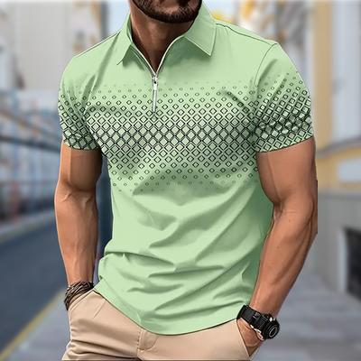 Men's Shirt Polo Casual Zip Short Sleeve Fashion Casual Zipper Summer Spring Regular Fit Diamond Print 3D Print Shirt