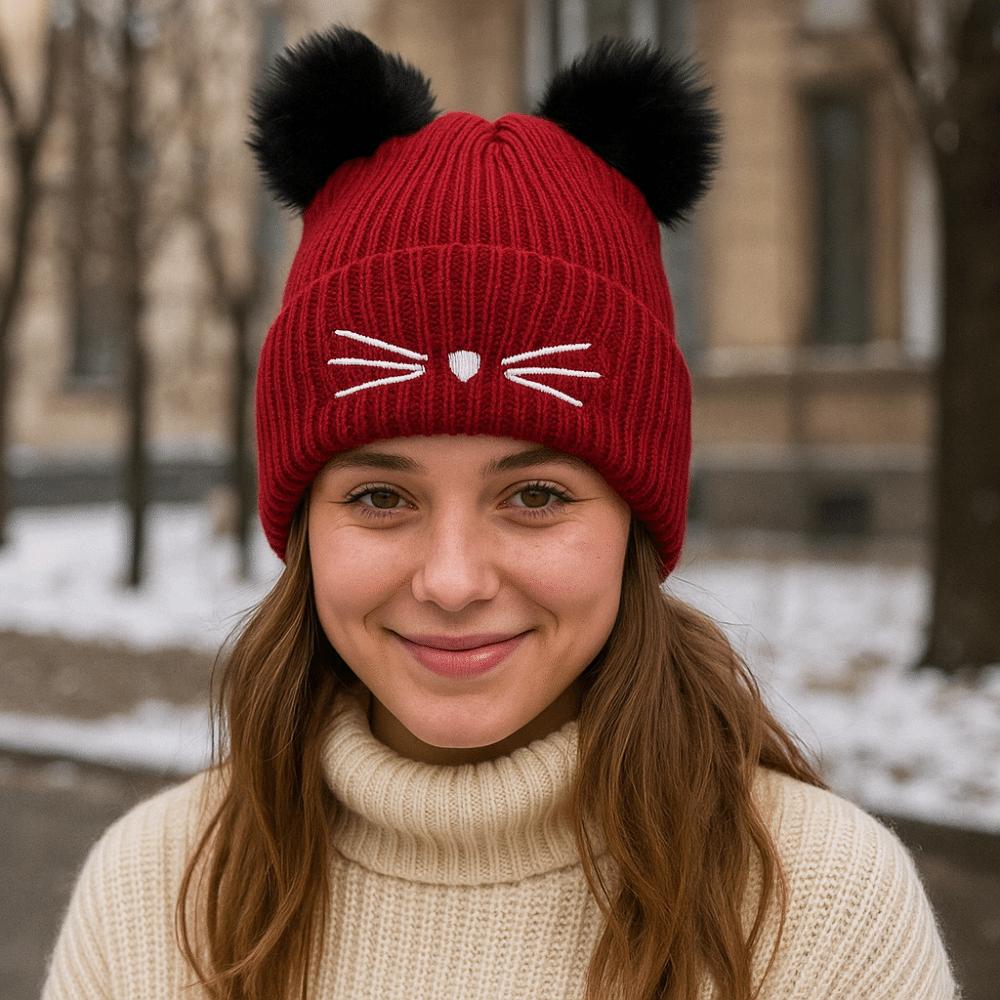 Wool Knitted Pullover Hat Warm Cold Hat Cute Cat Ears Beanies  Winter