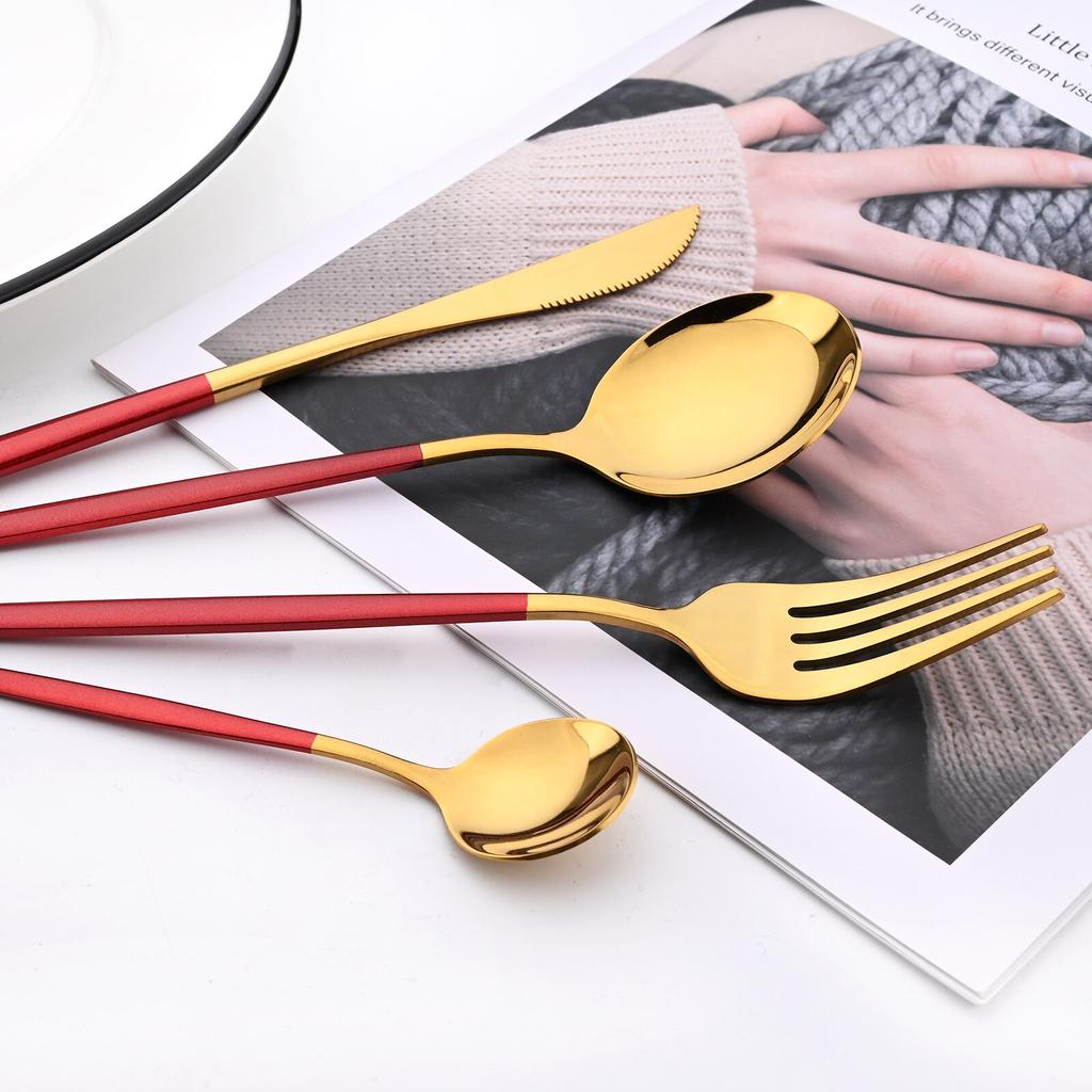 48Pcs Red Gold Cutlery Set Mirror Dinnenrware Set Stainless Steel Flatware Dinner Knife Fork Spoon Teaspoon For Home Tableware