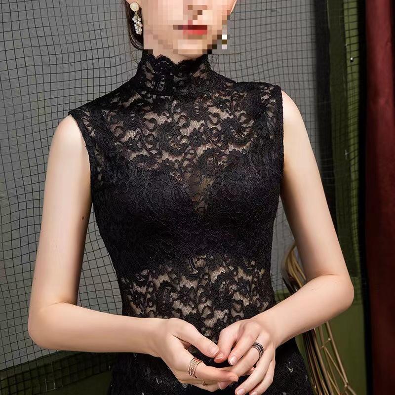 

Французский стиль кружевная рубашка с высоким воротом для женщин, весна и лето перспективный сексуальный топ, зимний толстый жилет без рукавов пуловер L