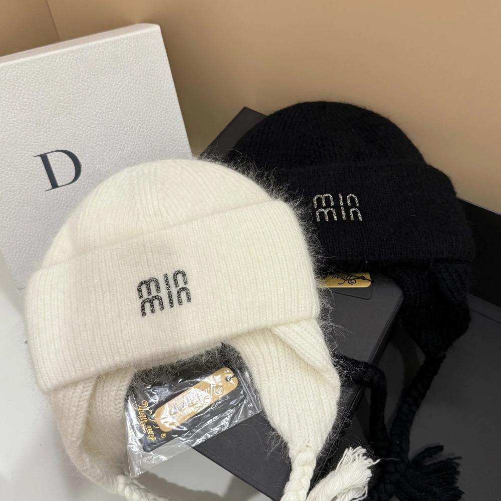 Winter Hot Diamond Rabbit Wool Knitted Warm Ear Protection Hat Outdoor Light Luxury Wool Hat Fashionable Letter Cold Hat