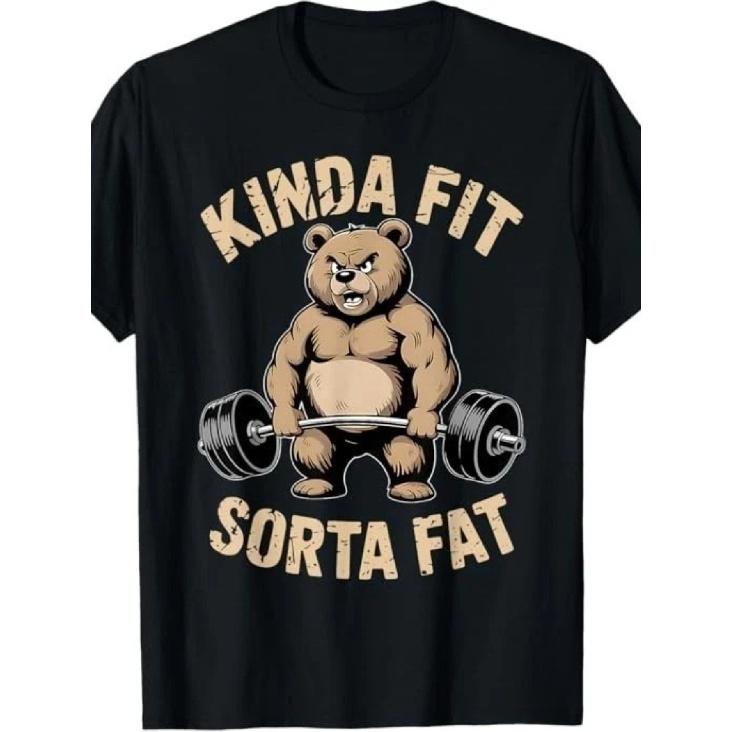 Un po' in forma un po' grasso - Divertente Orso da Palestra Sollevamento Pesi Allenamento Maglietta Casual Girocollo, Manica Corta, Tessuto Comodo, Tutte le Stagioni, Top alla Moda, Leggermente