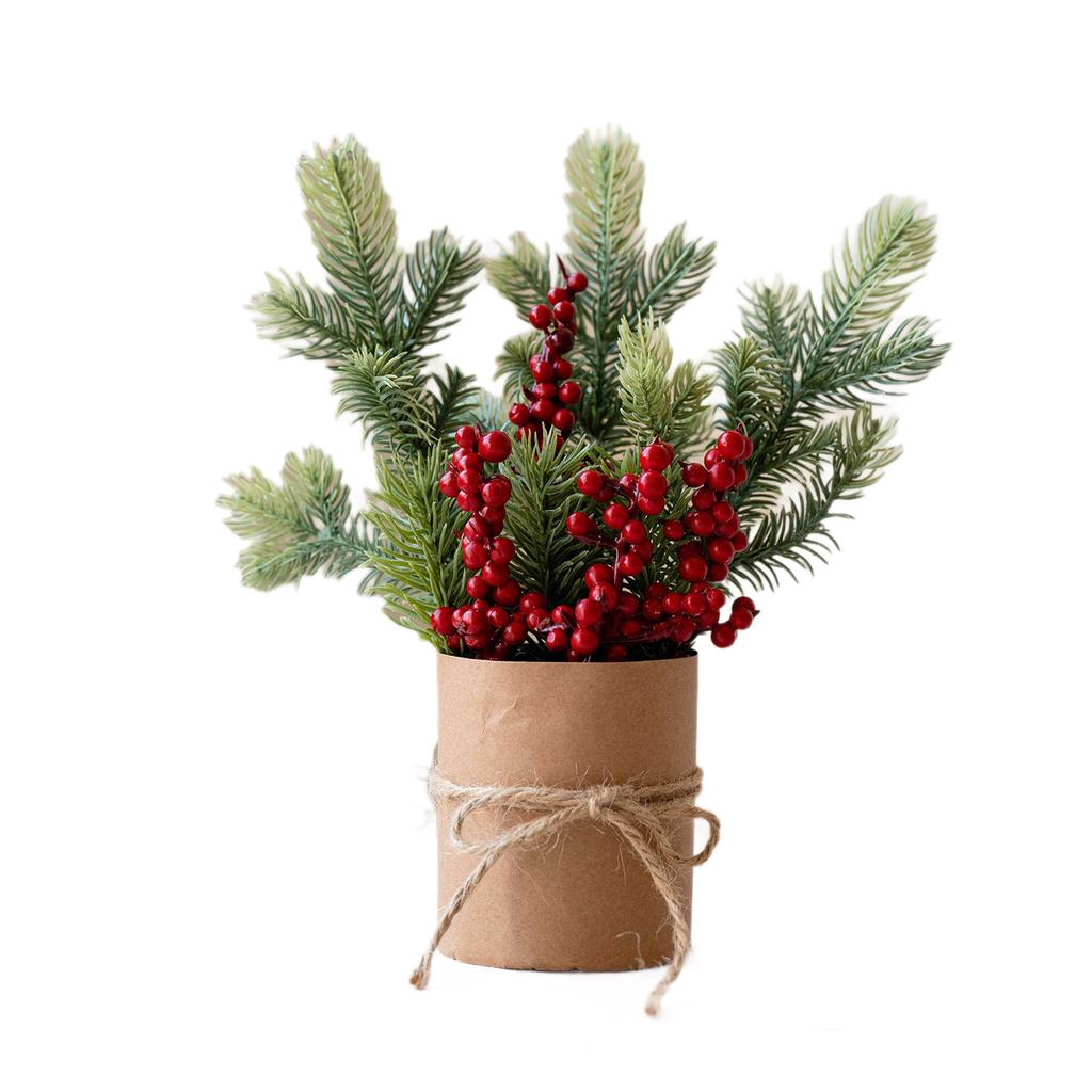 Christmas Artificial Pine Branches with Red Fruits Small Christmas Tree Tabletop Decoration Item Festival Decoration Setup Prop