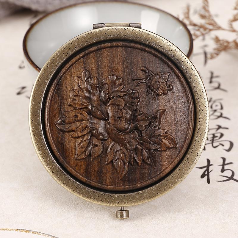 Portable Green Sandalwood Folding Vanity Mirror - Exquisite Round Design, 5 Styles Available