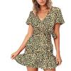 Summer V-neck Printed Short-sleeved Skirt, Lace-up Ruffled Dress, Fashionable, Sexy, Elegant and Generous Ladies Long Skirt