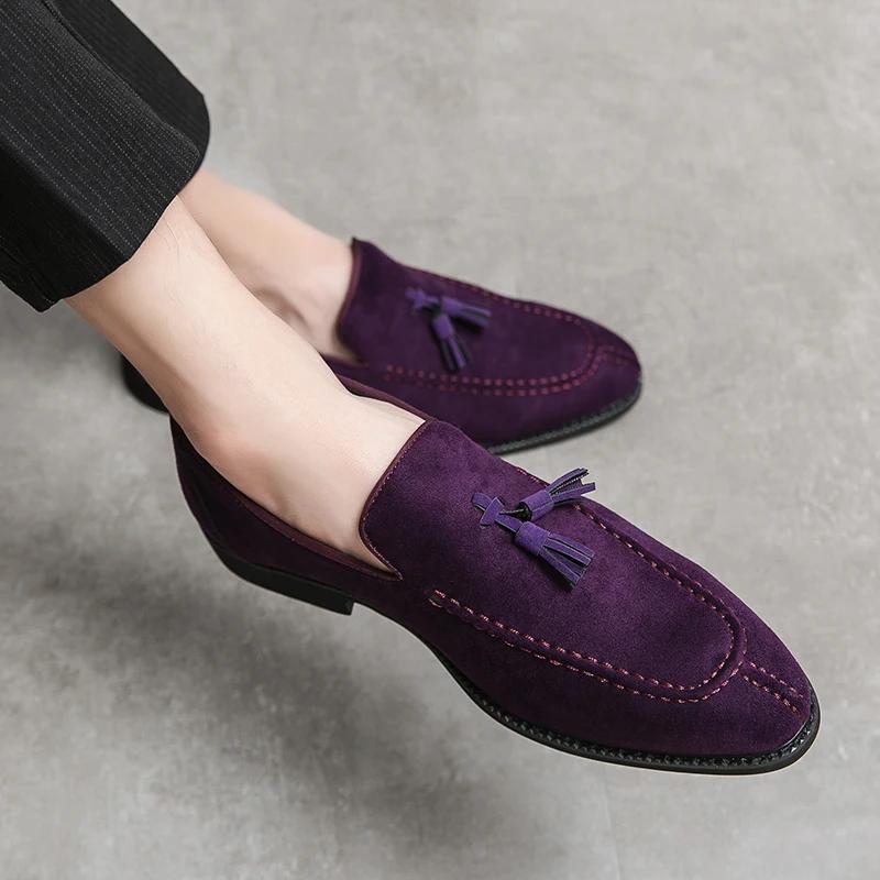 2024 Brand Men Loafers Suede Leather Shoes Vintage Slip-on Classic Casual Men Driving Wedding Male Tassel Pointed Dress Shoes