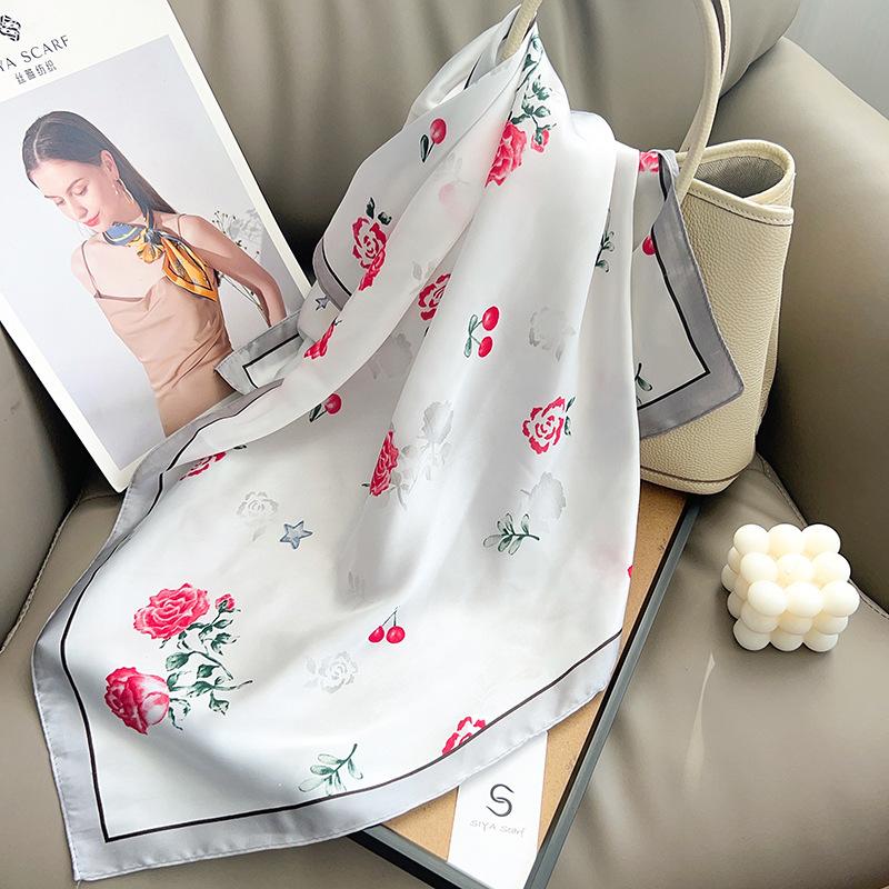1116 Spring and Summer New Small Fresh Literary Flower Square Scarf Silk Scarf Women's Ins Imitation Silk Versatile Silk Scarf Headscarf