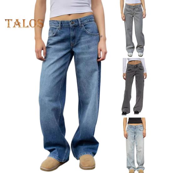 Weite Jeans für Damen, hohe Taille, dehnbare Jeanshose mit Taschen, lässige Jeanshose mit geradem Bein