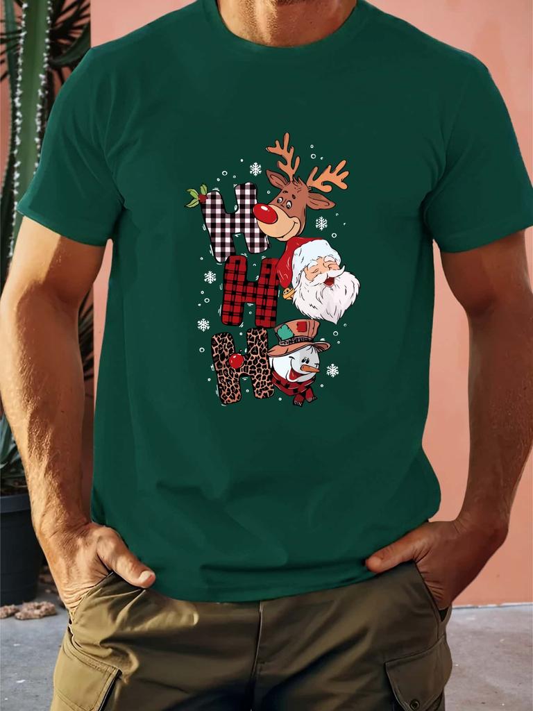 Herren Sommer Baumwoll Rundhals T-Shirt mit festlichem "Hohoho"-Design - Lässiges Kurzarm-Tee mit Weihnachtsmann