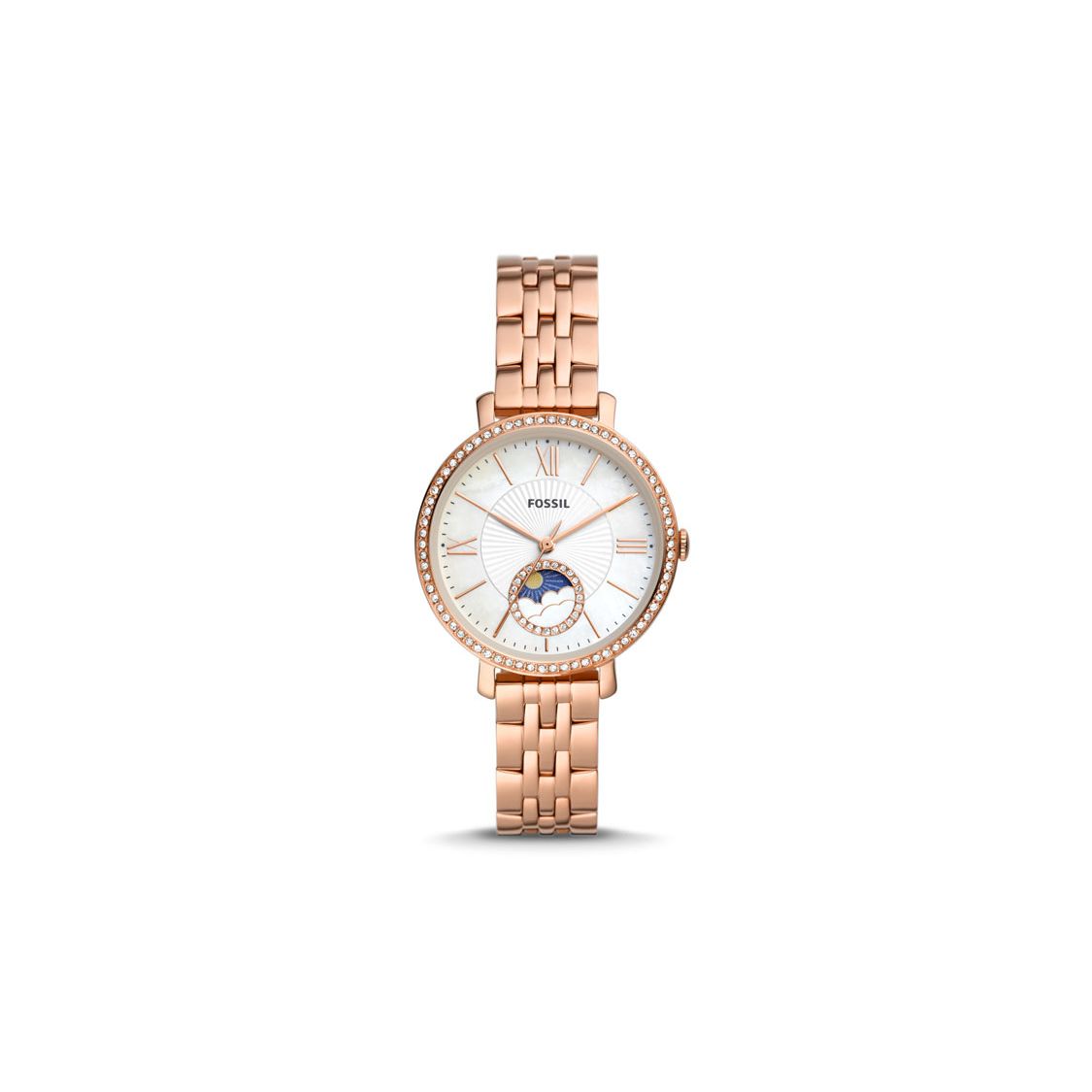 Fossil Quartz Watch Stainless Steel Band 36Mm White Dial Diamond Moon Phase Watch Women watches Silver ES5165 Regular Watch Box,Rose Gold Strap