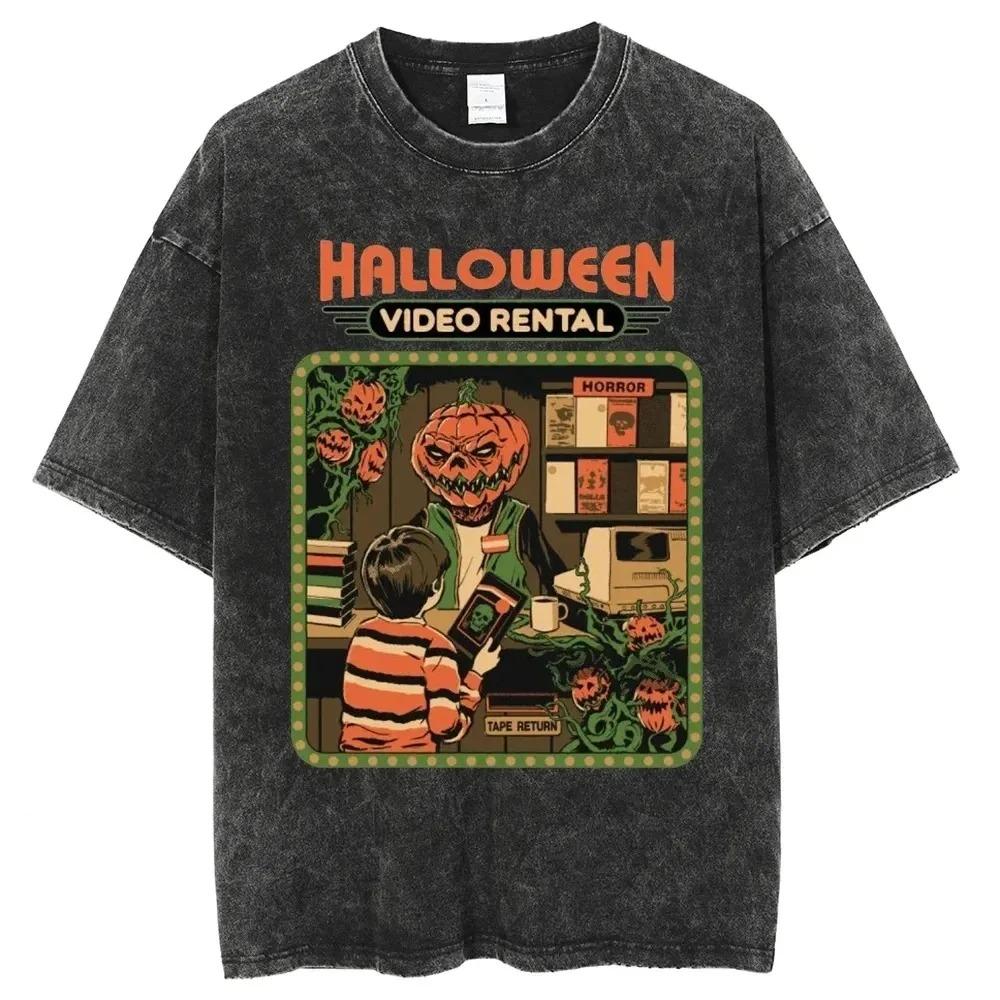 Halloween Wypożyczalnia Wideo Bawełniana Koszulka Dżinsowe Szorty Koszula Oversize Streetwear Harajuku Lato Koszulka z Krótkim Rękawem Luźne Bawełniane Topy