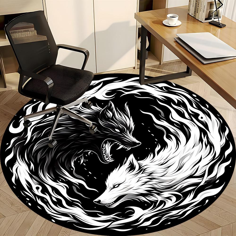 1pc Wolf Yin Yang Chair Carpet for Office, Round Non-Slip Durable Large Size Office Carpet, Suitable for Office, Beautiful Decoration