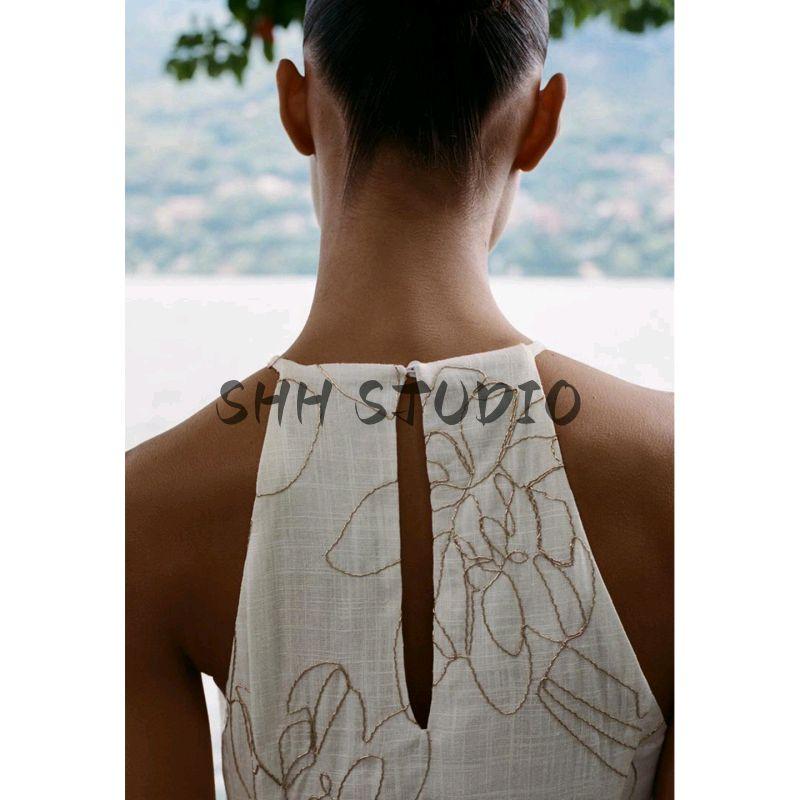 Summer New Product Women's Clothes Vacation Style Metal Color Thread Flower Embroider Hanging Collar Long Dress 8308853