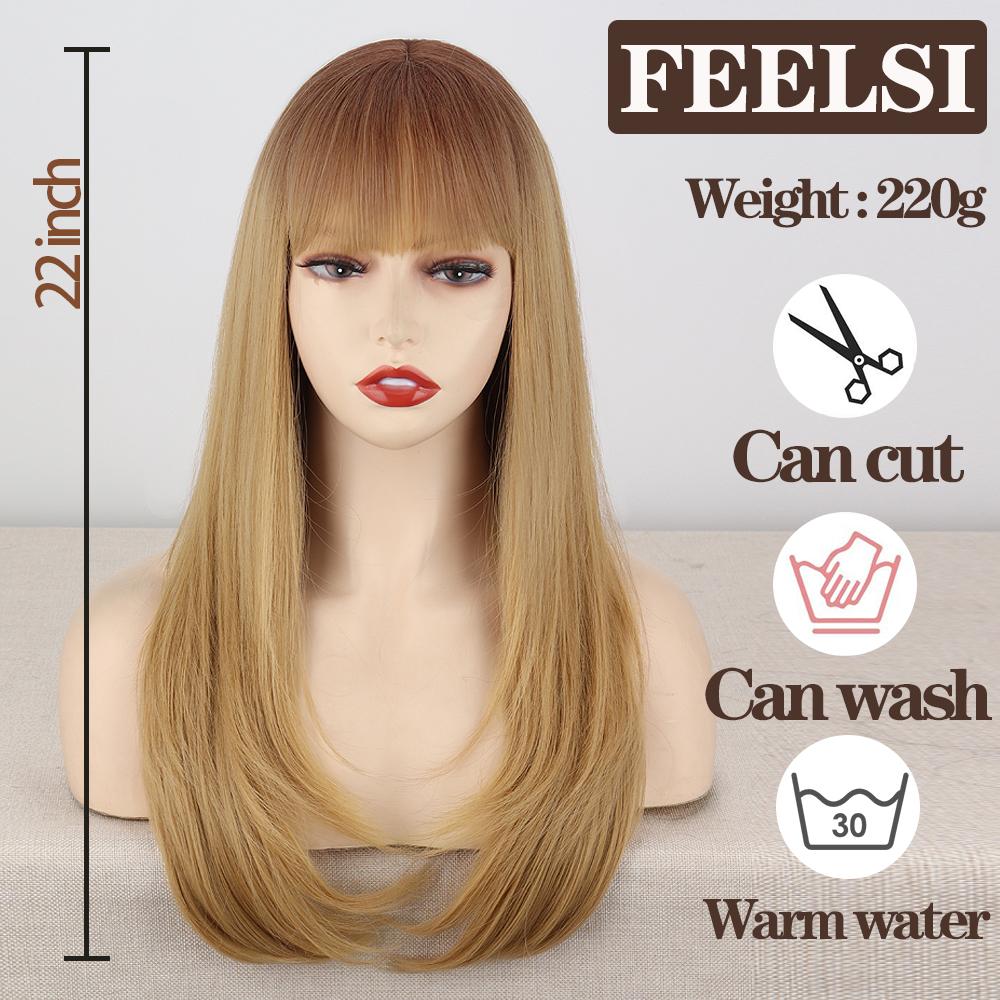 XINRAN Women Long Layered Ombre Blonde Wig with Bangs Synthetic Fiber Natural Cosplay Daily Wear Natural Straight Wig