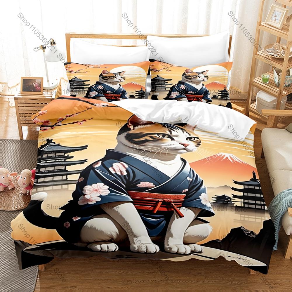 Samurai Cat 3PCS Bedding Set Cool Warrior Cat Print Soft Microfiber Duvet Cover Pillowcase Home Decor