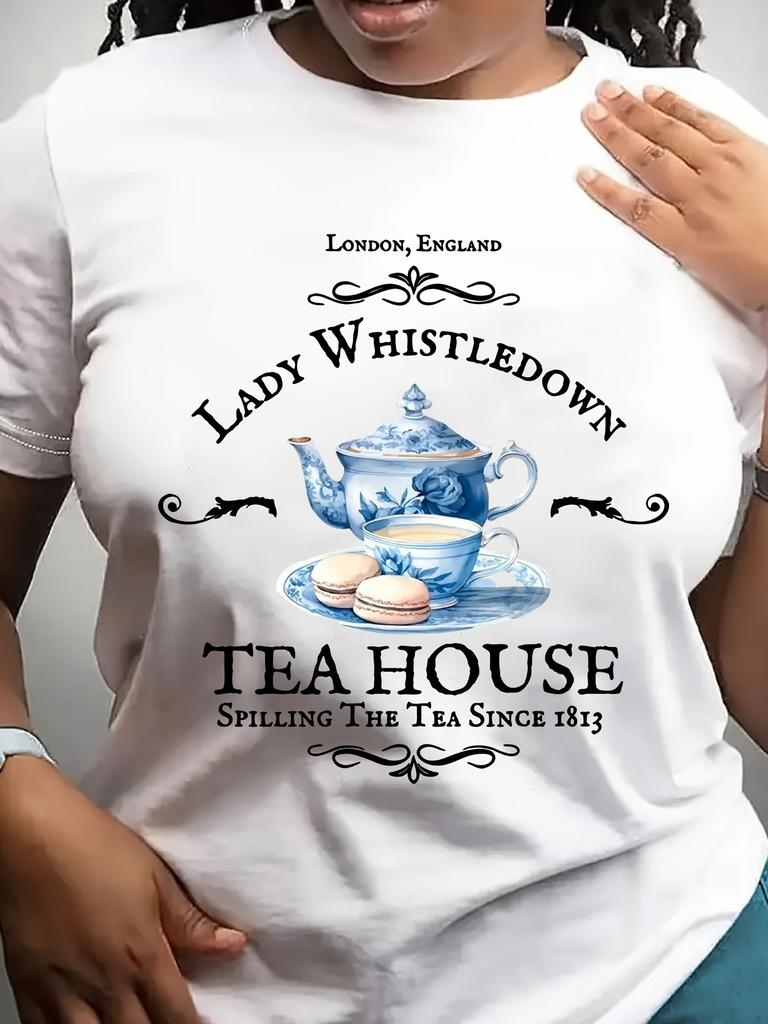 Evropská velikost - Dámské Vintage Britské Čajové Dům Grafické Tričko - Lady Whistledown Prolévá Čaj
