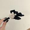 1pc Elegant Camellia Bow Imitation Pearl Hair Clip,  High-end, Temperament Chic Style Hair Grip, Korean Style Fabric Hair Claw