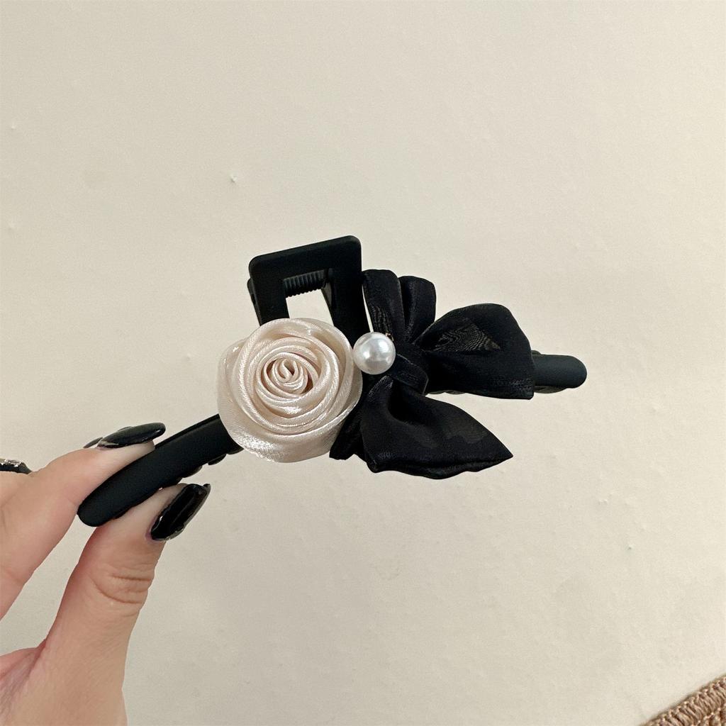 1pc Elegant Camellia Bow Imitation Pearl Hair Clip,  High-end, Temperament Chic Style Hair Grip, Korean Style Fabric Hair Claw