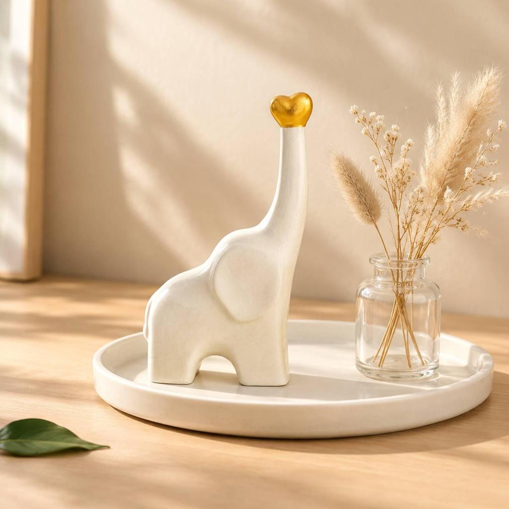 Ceramic Elephant Figurine with Lustrous Heart Decoration Detail Small Size Pale