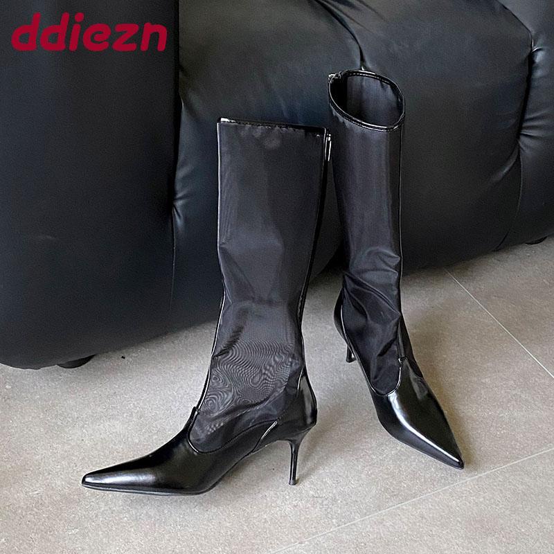 Fashion Footwear Knee High Boots With Thin Heels Shoes For Ladies Fashion Mesh Breathable Female Pointed Toe Women Long Boots Shoes