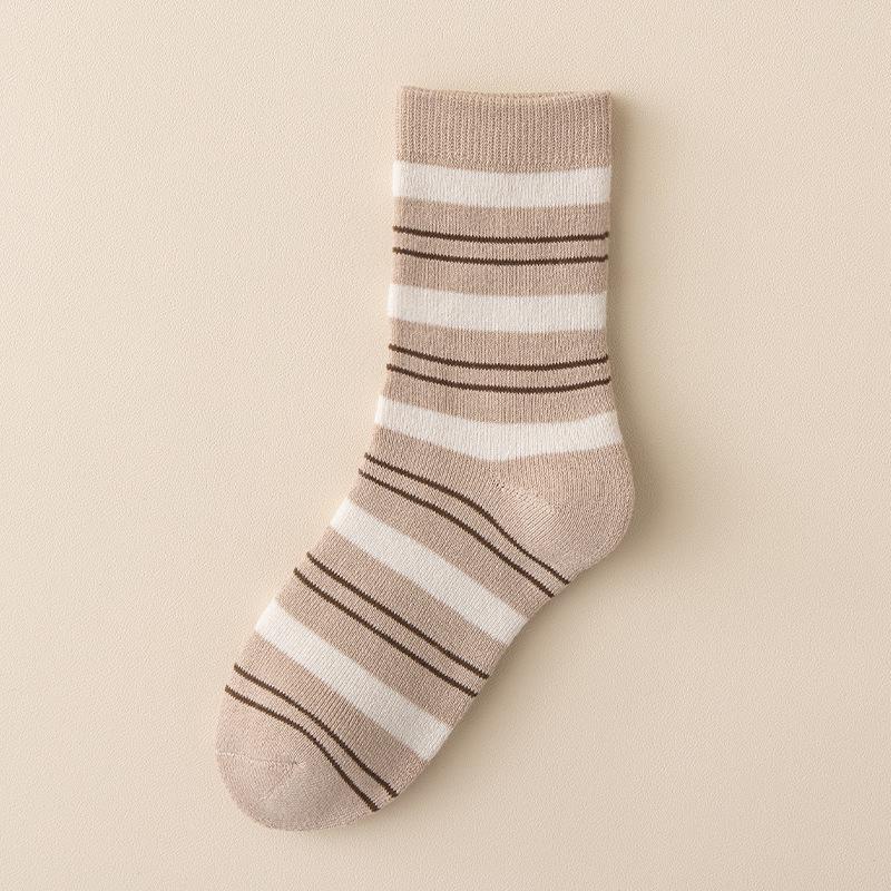 Women's Striped Terry Socks - Extra Thick, Warm, and Soft Mid-Calf Socks for Autumn and Winter