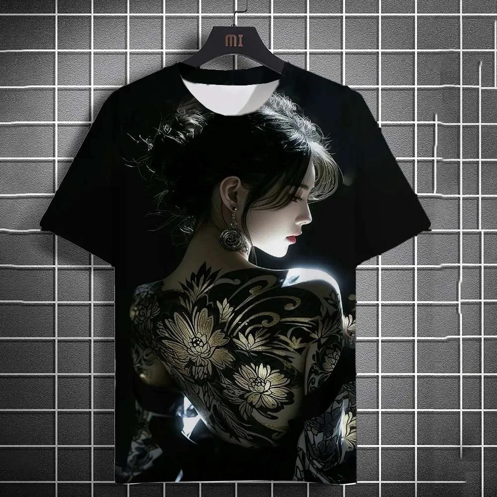 Tattoo Girl Pattern 3D Printed Top Fashionable Casual Short Sleeved Men's T-shirts - Soft Medium Stretch Polyester Fabric Summer Relaxed Fit Clothing