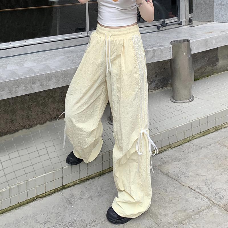Spring and Summer Striped Splicing Lacing Solid Colour High Waist Commuter Casual Slim Women's Pants