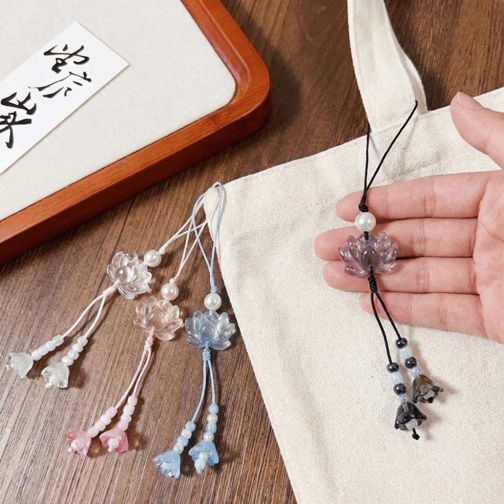Tassel Detail Chinese-style Pendant Vintage Mobile Phone Chain New Lotus Beaded Key Chains  Unisex