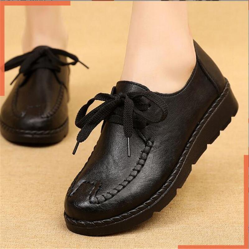 Fashion Spring Women Wedge Shoes Casual Loafers Female Black Soft Genuine Leather Flat Mother Shoes Comfort Female Black Work Shoes