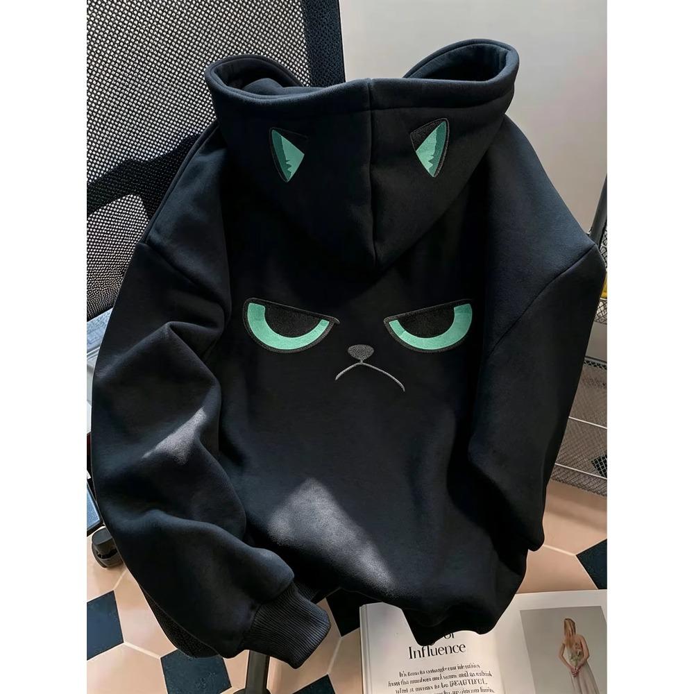 Cartoon Grumpy Cat Print Hoodie For Women Creative Hood Cat‑Ear Design Long Sleeve Casual Oversized Hooded Pullover Sweatshirt