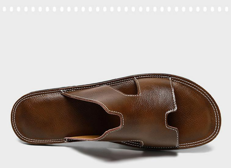 Men's Genuine Leather Cross Strap Slip-on Slippers, Size 46-47, Non-slip Outdoor Beach Flip Flops