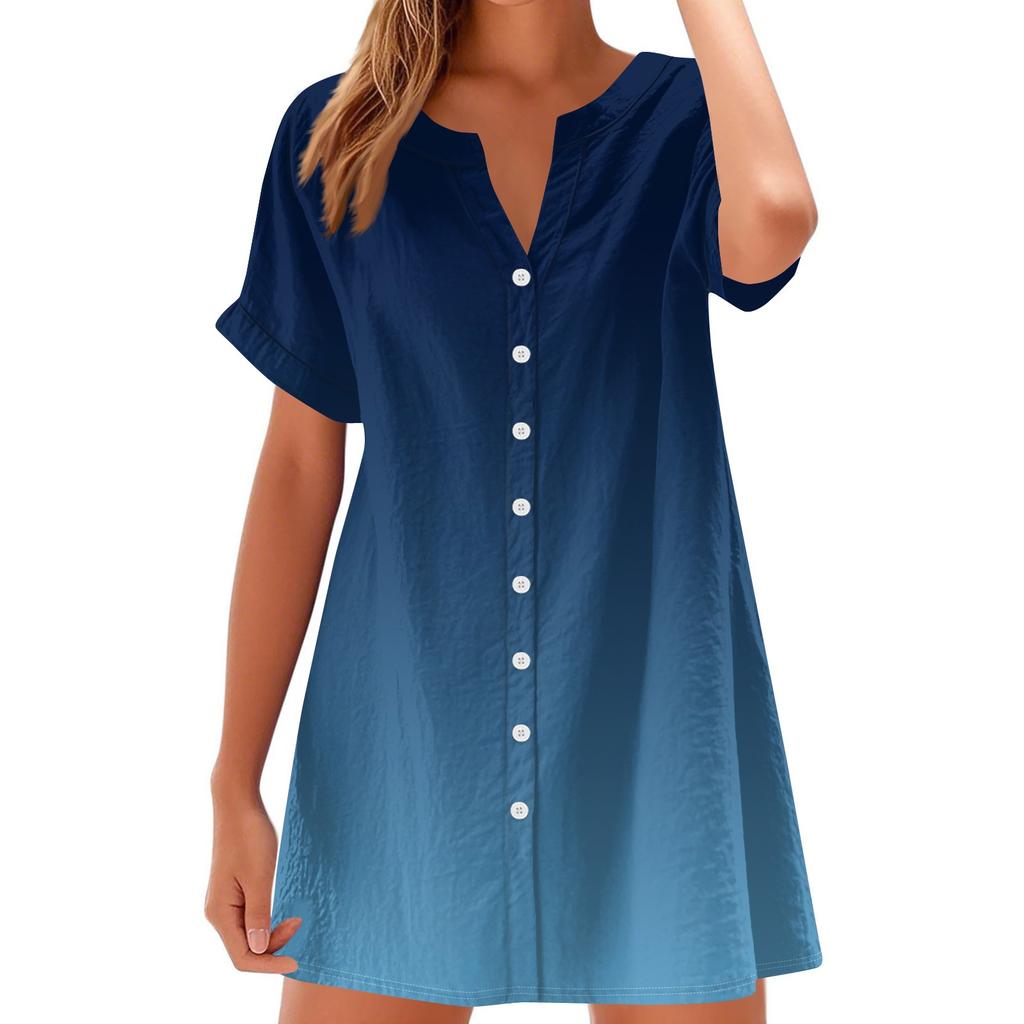 Women Fashion Casual V-neck Short Sleeve Button Gradient Print Dress