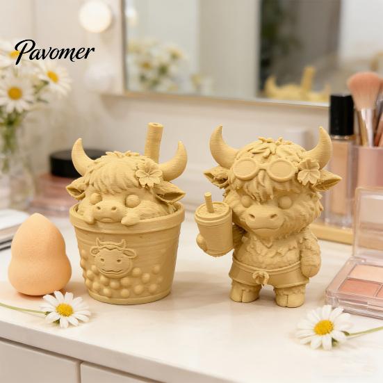 Desktop Landscaping Ornament 2Pcs Cute Highland Cow Figurine, 3D Printed Bubble Tea Statues, Handheld Drink Calf Summer Farmhouse Style Ornaments,