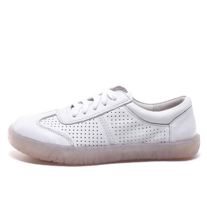 Fashion Handmade Shoes Women Flats Genuine Leather Flat Shoes Summer Breathable Hole Lace Up Pregnant Women Casual Shoes Size 41