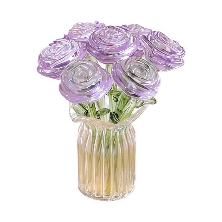 Miniature Crystal Rose Flower Figurine Set Collectible Bouquet Ornaments Gift for Valentines Day Wedding Table Decors