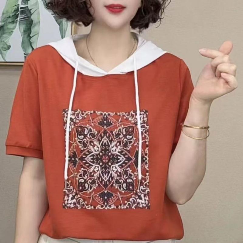 Women's Hooded Short Sleeve Loose Fit Top Casual Colorblock Summer T-Shirt