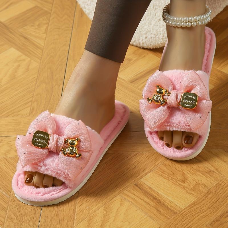Women'S Elegant Pink Satin Bow Bear Decorative Plush Home Slippers - Stylish, Comfortable, and Stylish Flat Sandals for Indoor and Outdoor Use