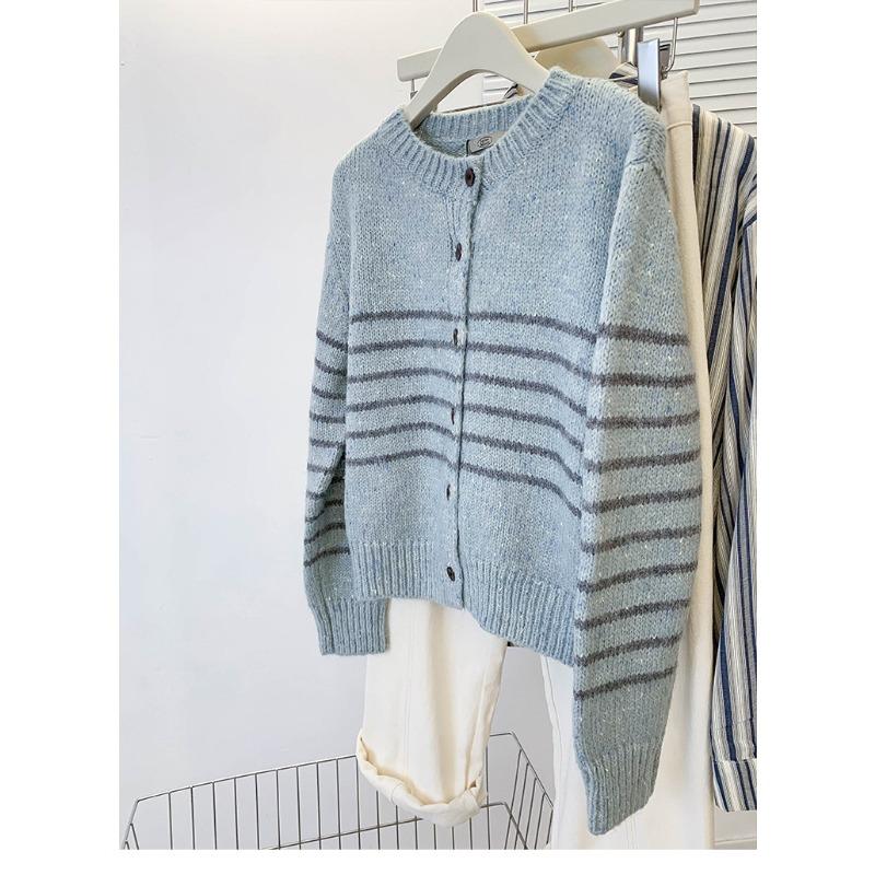 Vintage motley design striped knitted cardigan women's autumn and winter fashion casual small sweater jacket